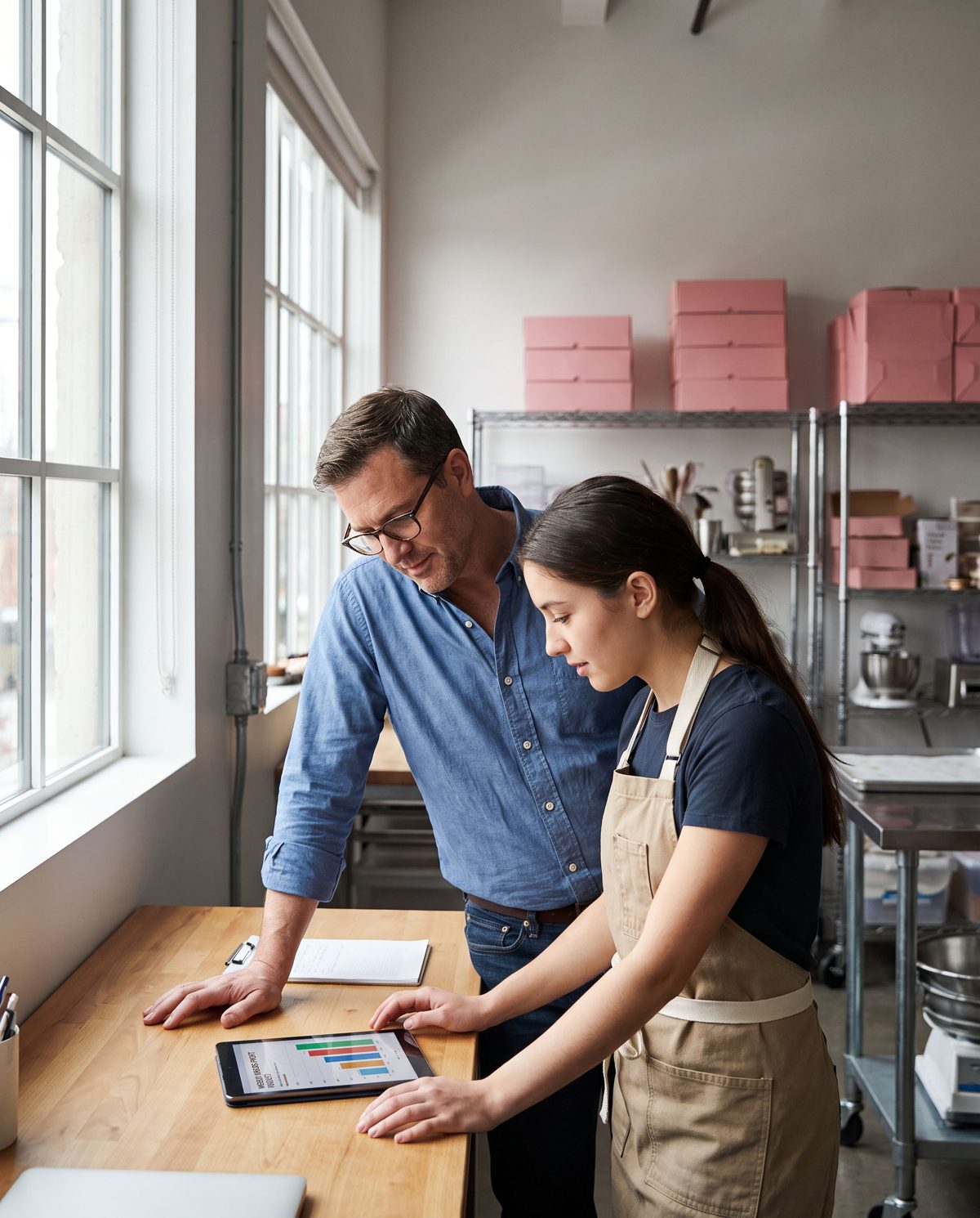 An accounting director reviewing a weekly gross profit chart on a tablet with a bakery store manager