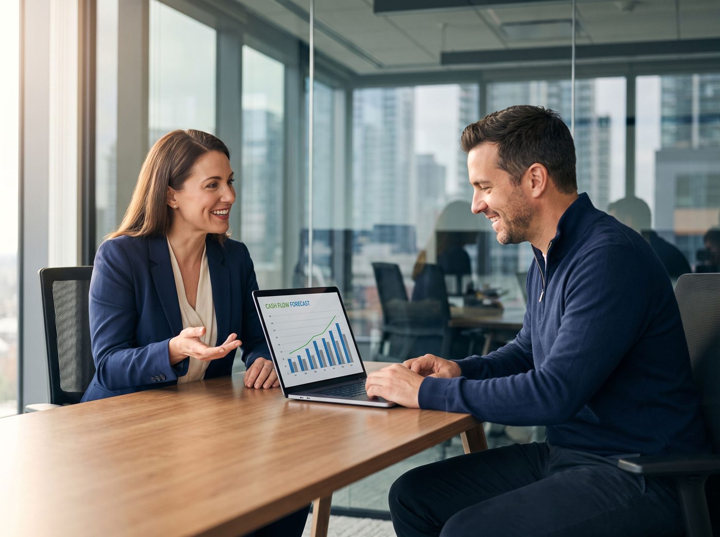 A Finatech accountant walking a restaurant owner through a cash flow forecast on a laptop