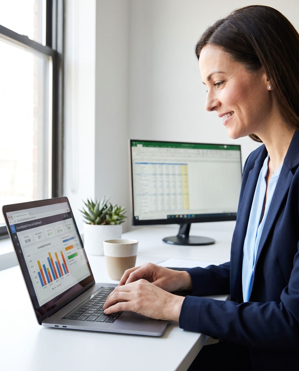 An accountant reviewing a consolidated multi-location financial dashboard on a laptop